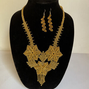 Mexican Gold Beaded Necklace & Earrings Set Handcrafted Floral Artisanal Jewelry